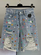 Rhinestone Frayed Denim Shorts