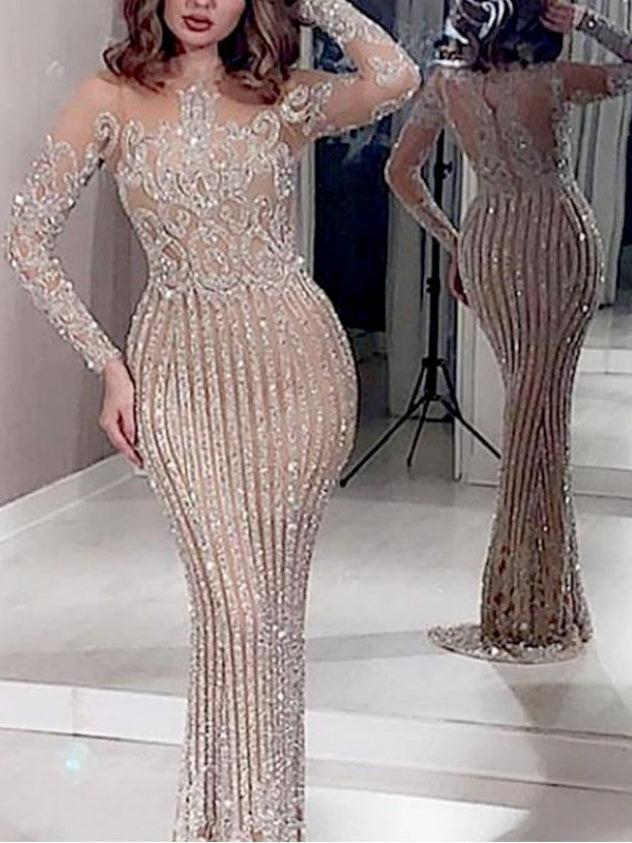 Mid-waisted, Elegant, Sequined, Gold-flecked, Fitted Long Dress For Commuting.