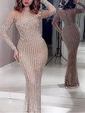 Mid-waisted, Elegant, Sequined, Gold-flecked, Fitted Long Dress For Commuting.