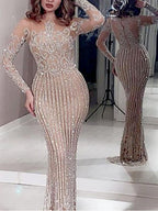 Mid-waisted, Elegant, Sequined, Gold-flecked, Fitted Long Dress For Commuting.