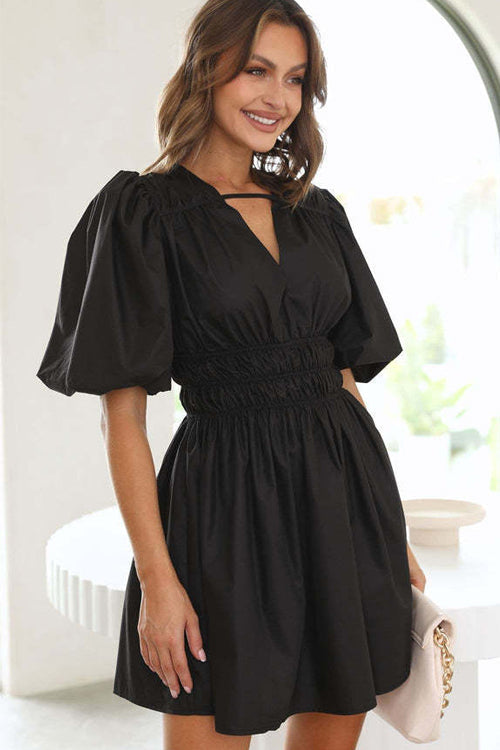 Deep V-Neck Bar Strap Puff Sleeve Smocked Waist Flared Mini Dress