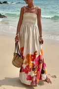 Bow Shoulder Smocked Floral Print Cami Maxi Vacation Dress