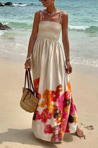 Bow Shoulder Smocked Floral Print Cami Maxi Vacation Dress