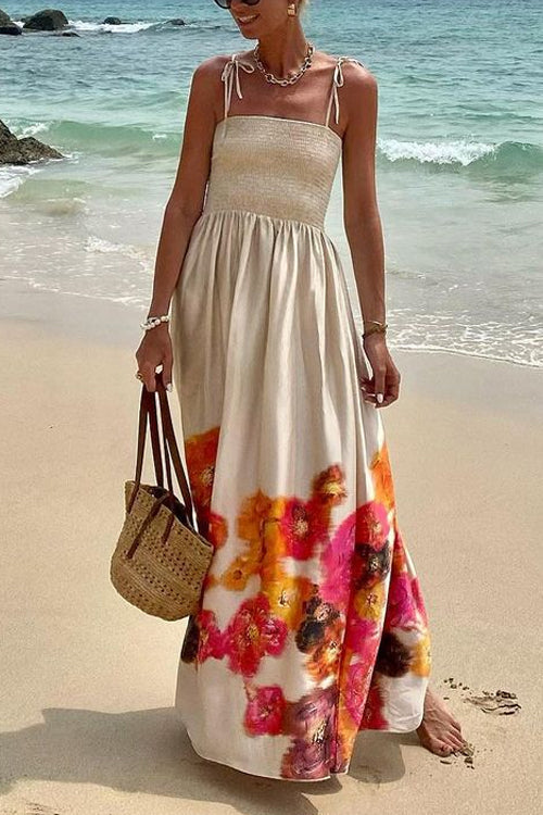 Bow Shoulder Smocked Floral Print Cami Maxi Vacation Dress