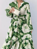 Floral Print V-neck Lantern Sleeves Large Skirt Maxi Dresses