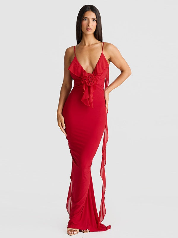 V-neck, Backless, Fitted, Fishtail Maxi Dress