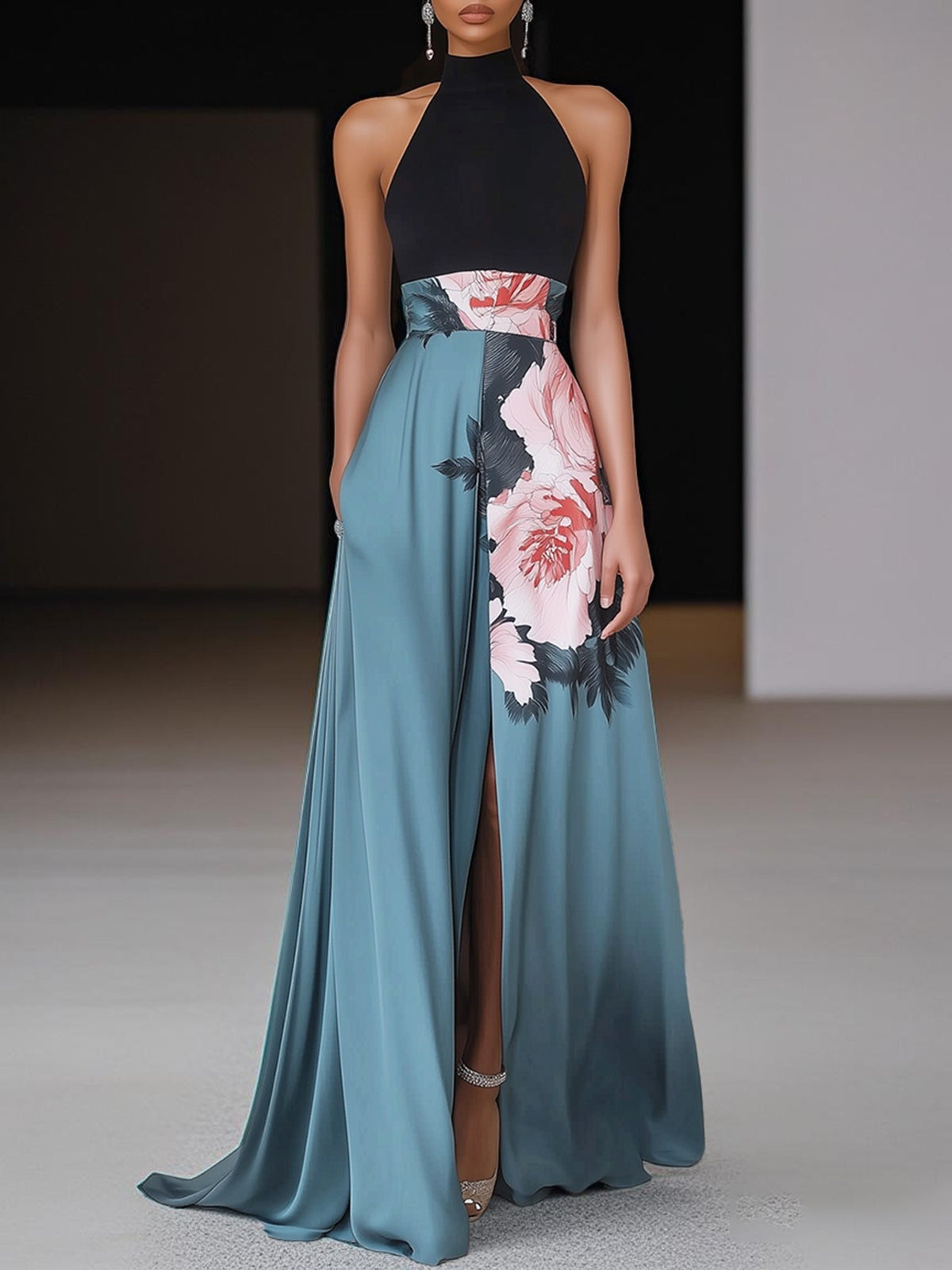 Floral Print Color Blocking Sleeveless Long Dress
