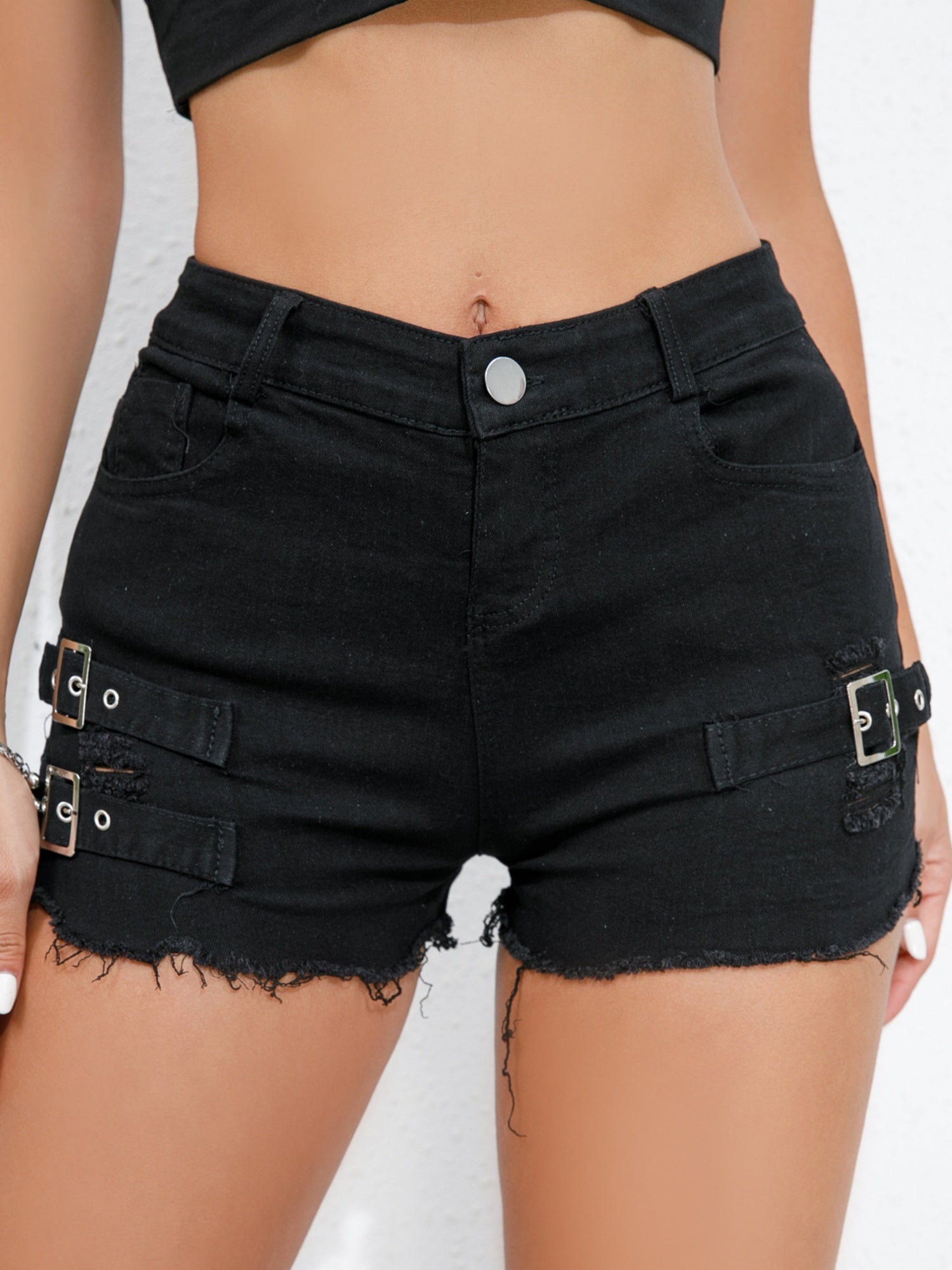 Hole Rough Edges Adjustable Buckle High-waisted And Sexy Denim Shorts