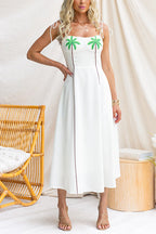 Tie Shoulder Sleeveless Coconut Tree Print Midi Dress