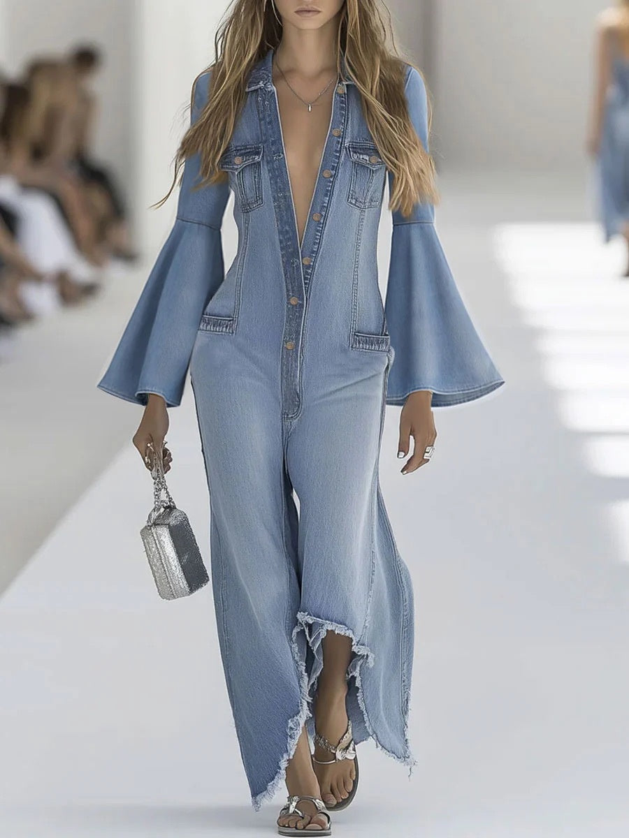 Loose-fitting Solid Color Casual Single-breasted Deep V-neck Denim Jumpsuit