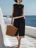 Color-blocked Cotton-linen Blend Bohemian-style Two-piece Set