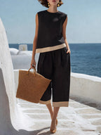 Color-blocked Cotton-linen Blend Bohemian-style Two-piece Set