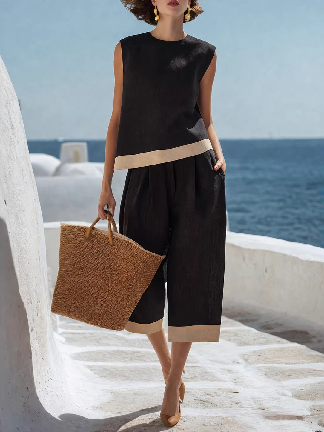 Color-blocked Cotton-linen Blend Bohemian-style Two-piece Set