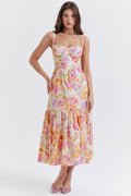 Floral Print Sweetheart Bustier Tie Strap Tiered Midi Dress