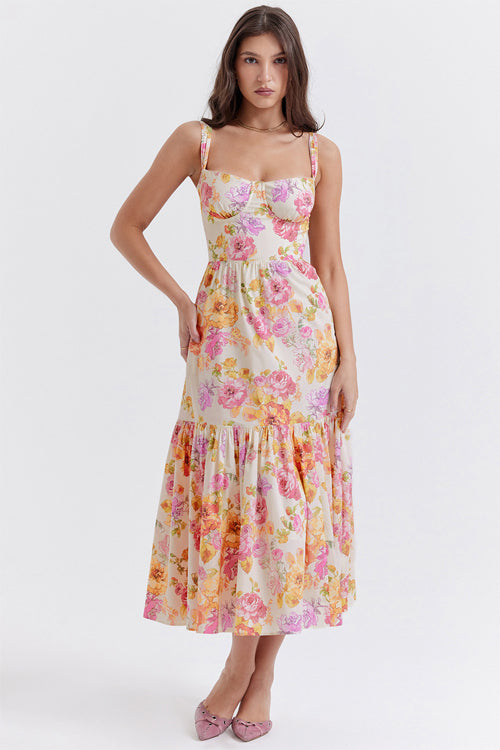 Floral Print Sweetheart Bustier Tie Strap Tiered Midi Dress