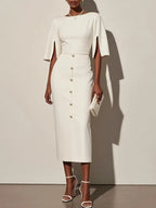 Solid Color Round Neck Fitted Waist Split Button-decorated Midi Dress
