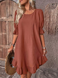 Ruffle Puff Sleeve Round Neck And Full Skirt Mini&Short Dresses