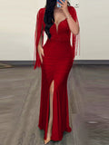 Sequins Bodycon Round Neck Slit Evening Dress Tassel Sleeves Pleated Maxi Dresses