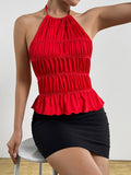 Halter Pleated Backless Lace Up Tank Tops