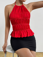 Halter Pleated Backless Lace Up Tank Tops