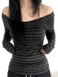 Striped Color Blocking Off-shoulder Slimming Off-shoulder Long-sleeved T-shirt