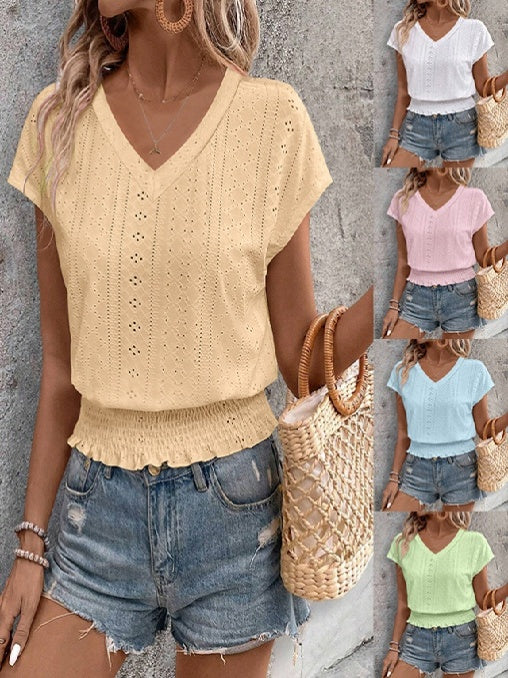 Jacquard Hollow Out Slab V-neck Short Sleeve T-shirts