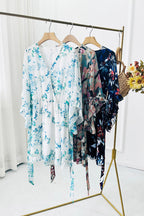 Floral Print Wrap V-Neck Three Quarter Sleeve Tie Waist Ruffle Hem Mini Dress