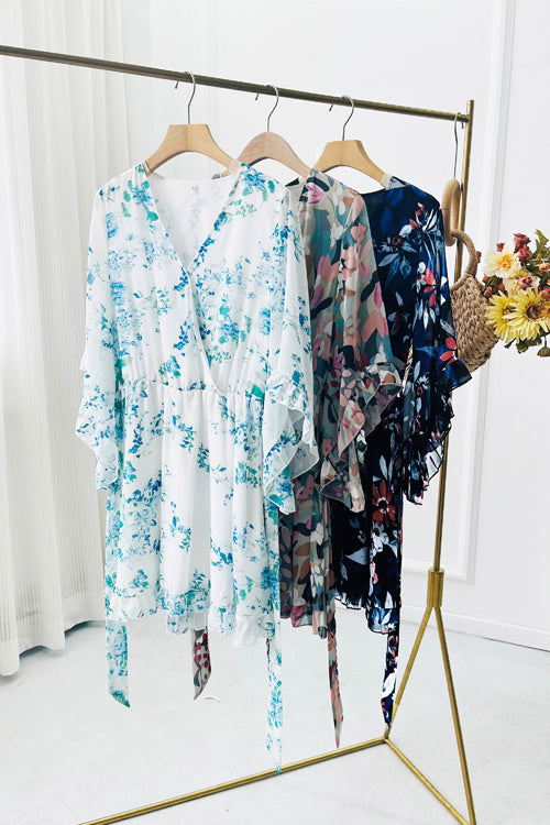 Floral Print Wrap V-Neck Three Quarter Sleeve Tie Waist Ruffle Hem Mini Dress