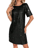 Sequins Crew Neck Short Sleeve Mini&Short Dresses