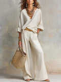 Casual Natural Linen Loose V-neck Vacation Two-piece Set