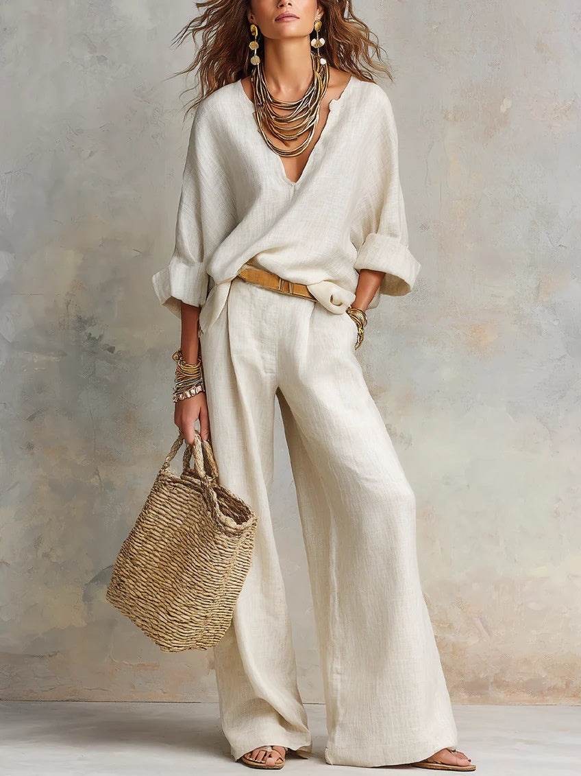 Casual Natural Linen Loose V-neck Vacation Two-piece Set