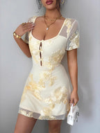 Mesh Embroidery Square Collar Mini&Short Dresses