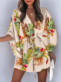 V-neck Tie-up Printed Patchwork Mini&Short Dresses