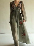 Floral Digital Positioning Printing Long-sleeved V-neck Long Dress