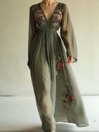 Floral Digital Positioning Printing Long-sleeved V-neck Long Dress