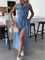 Sleeveless Tie-waist Single-breasted Denim Maxi Dress