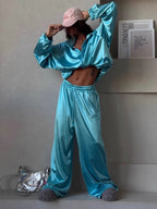 Zippered Loose Sweatshirt Jacket And Wide-Leg Pants Two-Piece Set