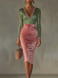 Women's Leopard Print Color-blocked Gold Velvet Spliced Stretch Slim-fit High-waisted Long Dress