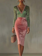 Women's Leopard Print Color-blocked Gold Velvet Spliced Stretch Slim-fit High-waisted Long Dress