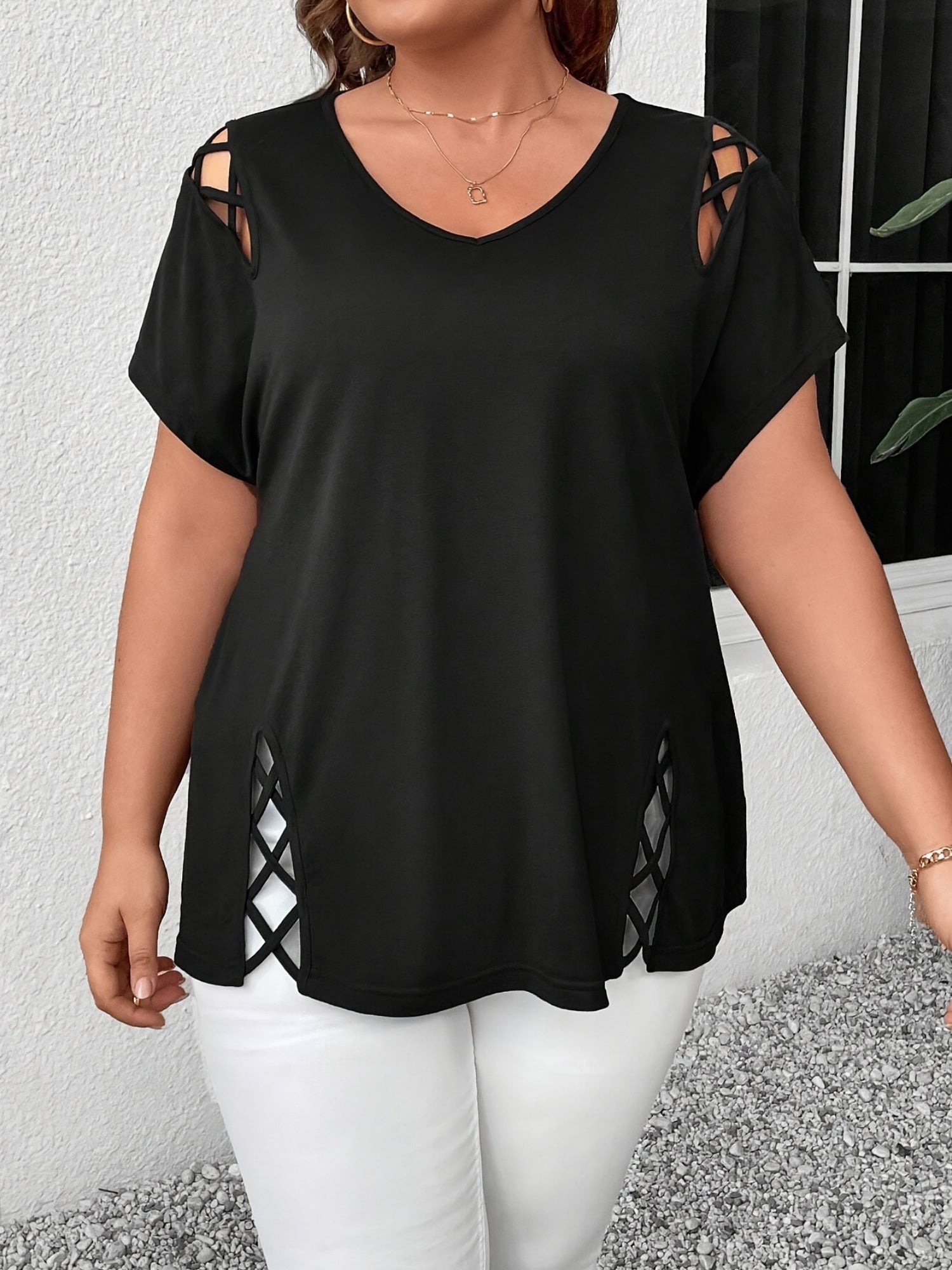 Hollow Out V-neck Cross Belt Short-sleeved T-shirt
