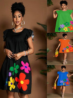 Floral Print Round Neck And Flutter Sleeves Mini&Short Dresses