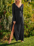 V-Neck Button Front Long Sleeve Side Slit Maxi Dress