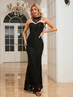 Lace Backless Cross Strap Fishtail Evening Dress Halter Maxi Dresses