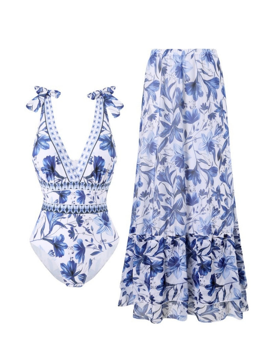 Blue And White Porcelain Print One-piece Slimming And Figure-flattering Long Swimsuit And Sun Protection Dress Two-piece Set