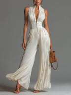 White Pleated Halter Jumpsuit