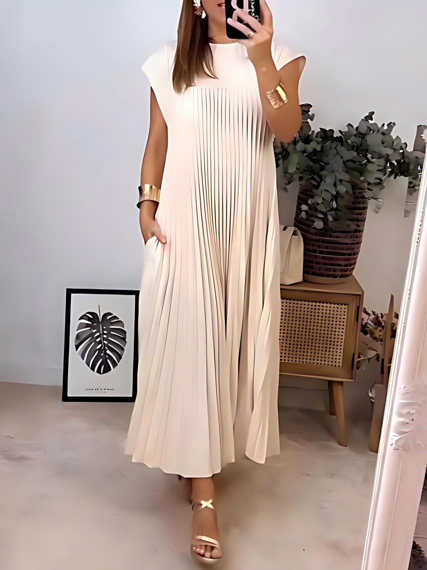 Solid Color Round Neck Sleeveless Pleated Long Dress