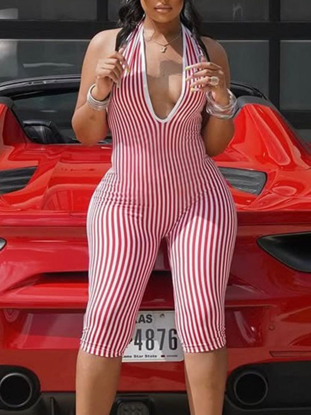 Striped Color Blocking Deep V-neck Backless Strappy Jumpsuits