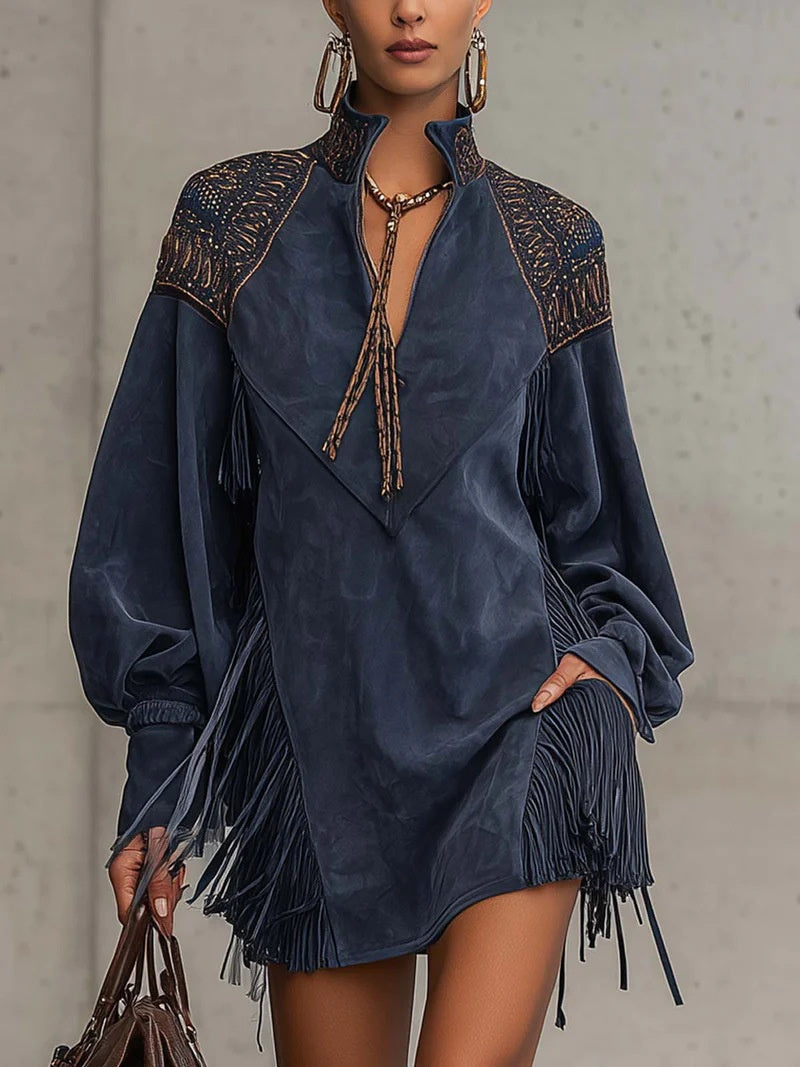 V-neck Long-sleeved Tassel Embroidered Tie-waist Short Dress