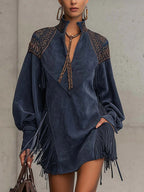 V-neck Long-sleeved Tassel Embroidered Tie-waist Short Dress