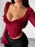 Lace Trim Fish Bones Long-sleeved T-shirt